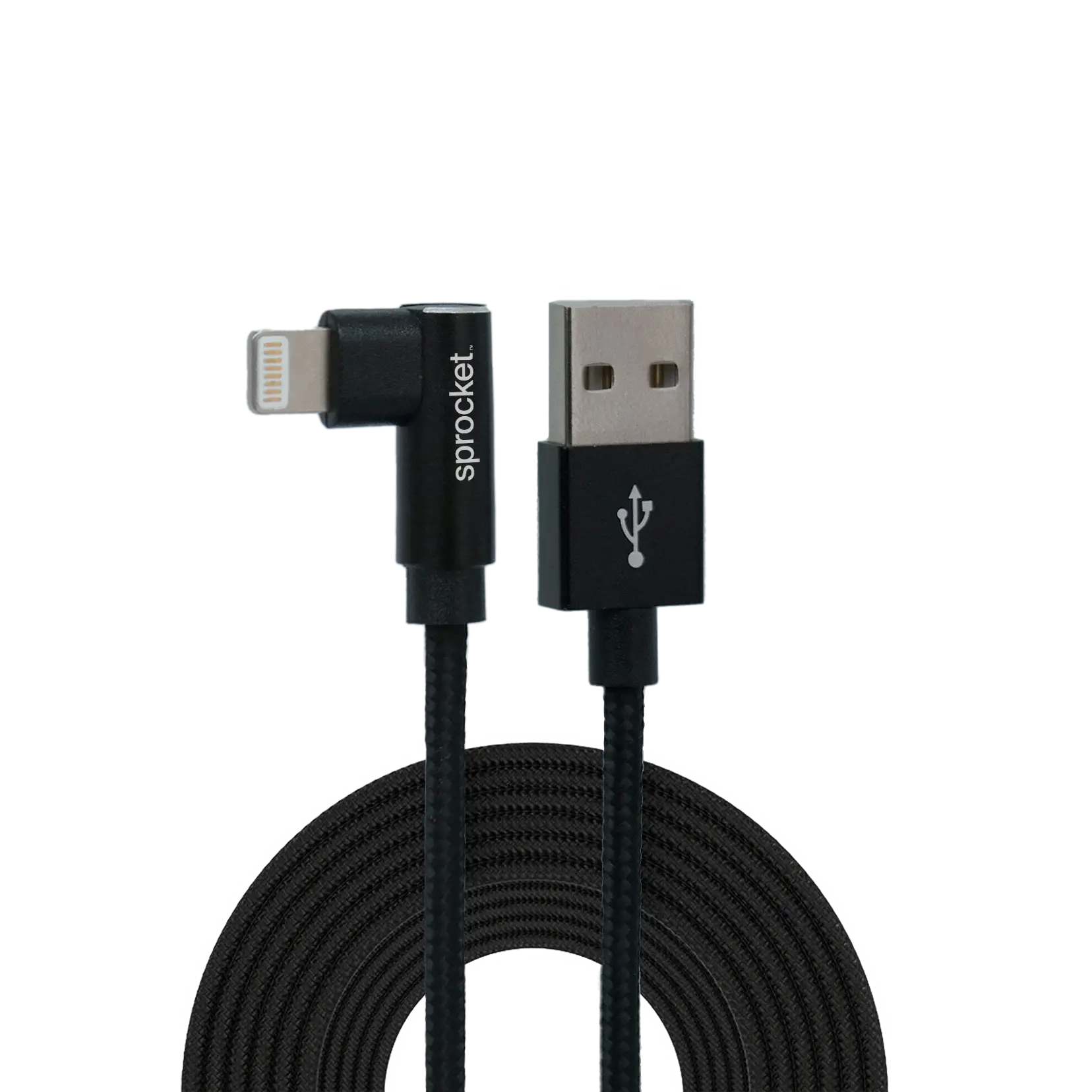 Sprocket branded right-angled lightning male to straight-angled USB-A male braided charging cable