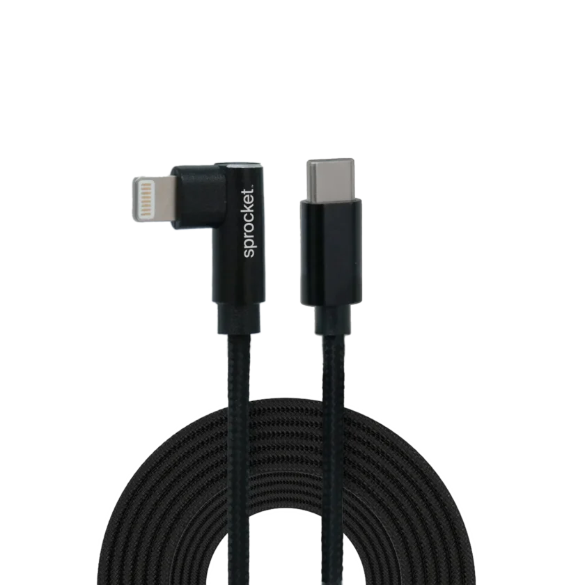 Sprocket branded right-angled lightning male to straight-angled USB-C male braided charging cable