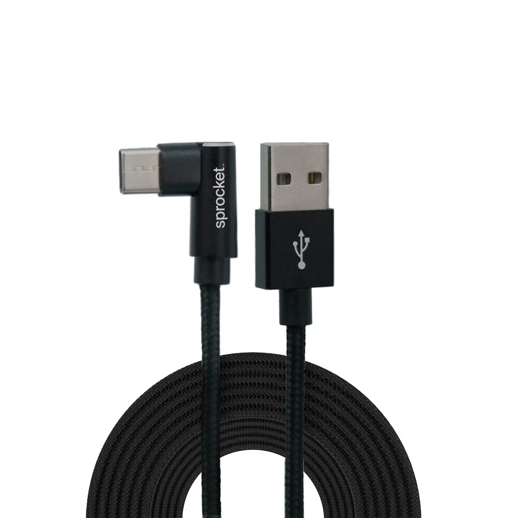 Sprocket branded right-angled USB-C male to straight-angled USB-A male braided charging cable