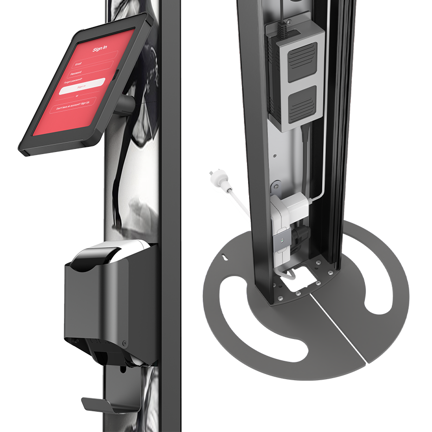 iPad Floor Stand T-Print 15 Front Detail showing printer detail and internal cabling