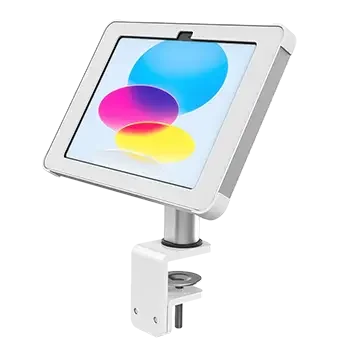 Front view Sprocket Clamp white iPad holder for desk