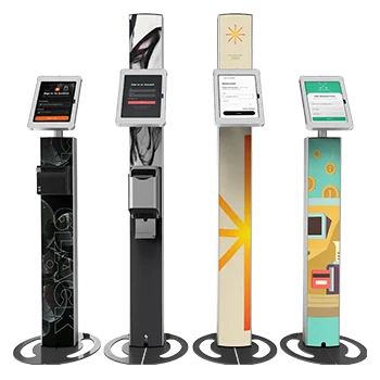 Sprocket T-Series tablet and iPad floor stand array with custom branding and signage